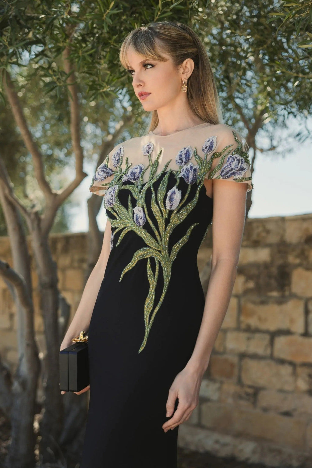 Black High Neck Floral Embroidered Jersey Gown