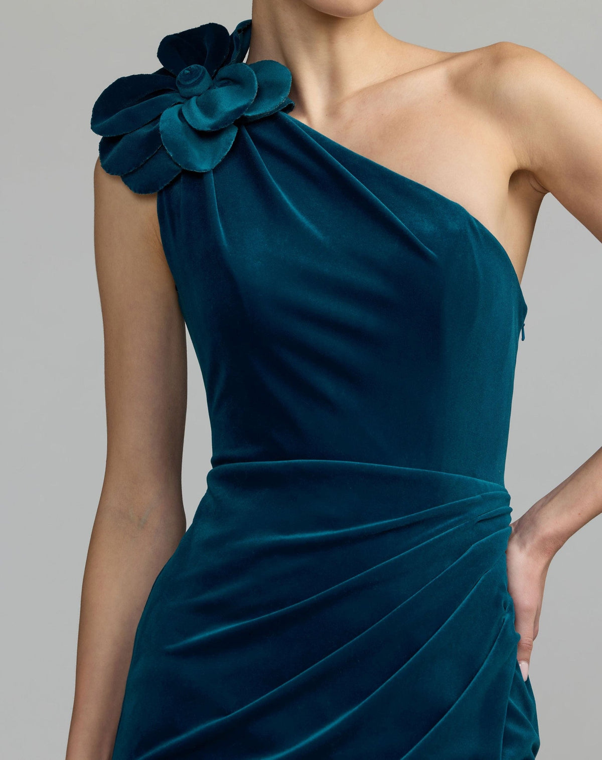 Ocean One Shoulder Velvet Gown With 3D Flower