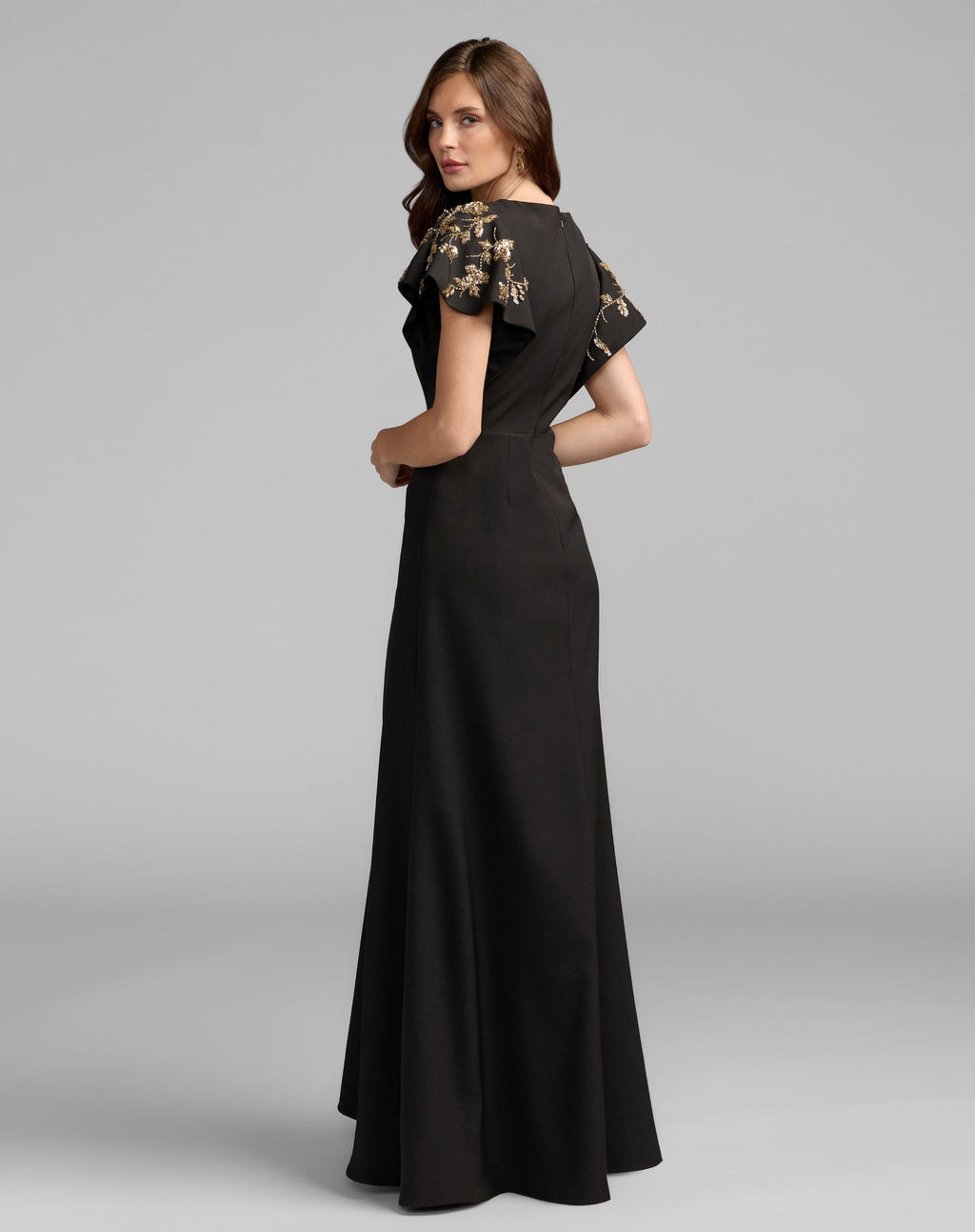 Petite Black Gold Embellished Flutter Sleeve Crepe Gown