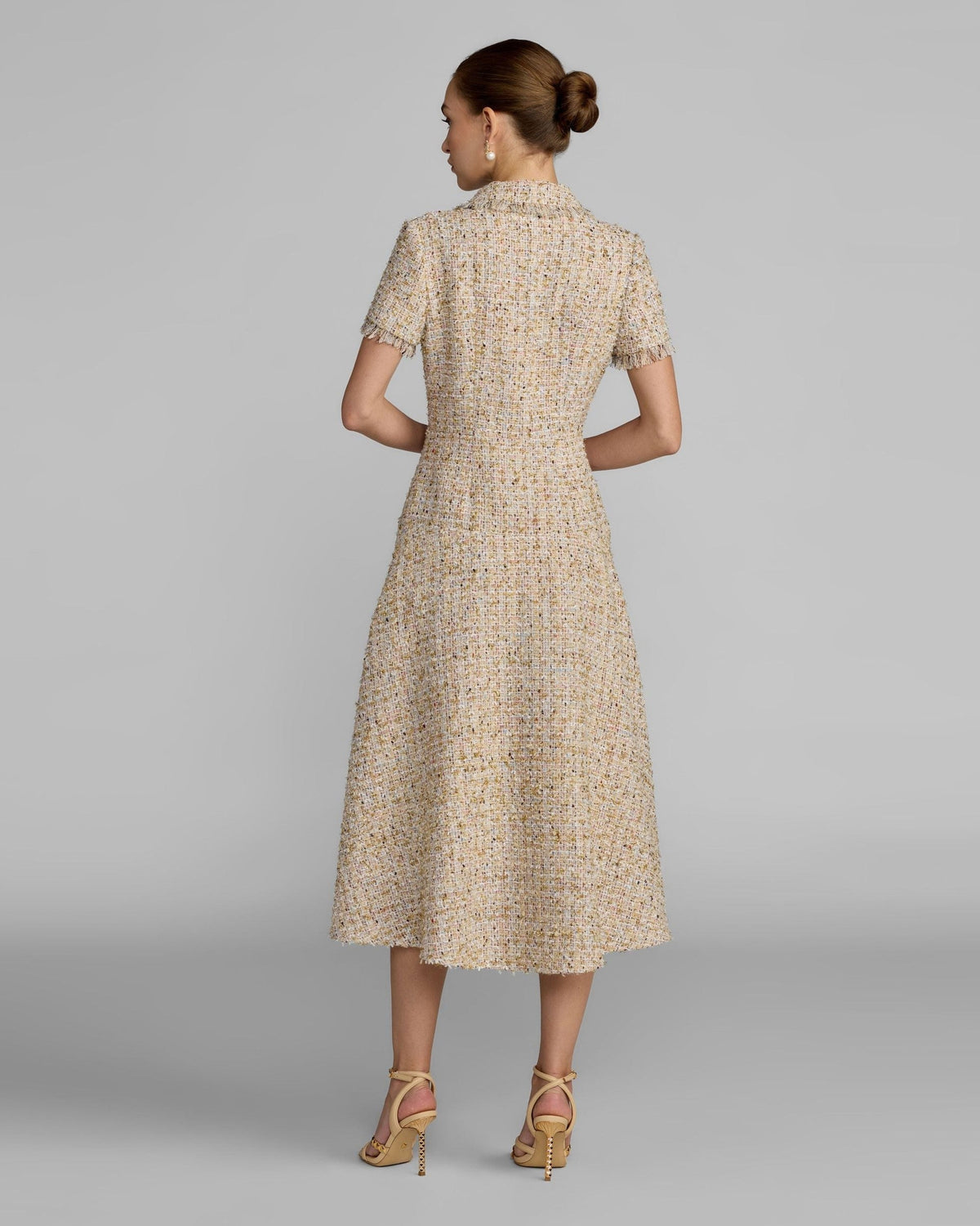 Ecru Multi Boucle Midi Dress with Rhinestone Buttons