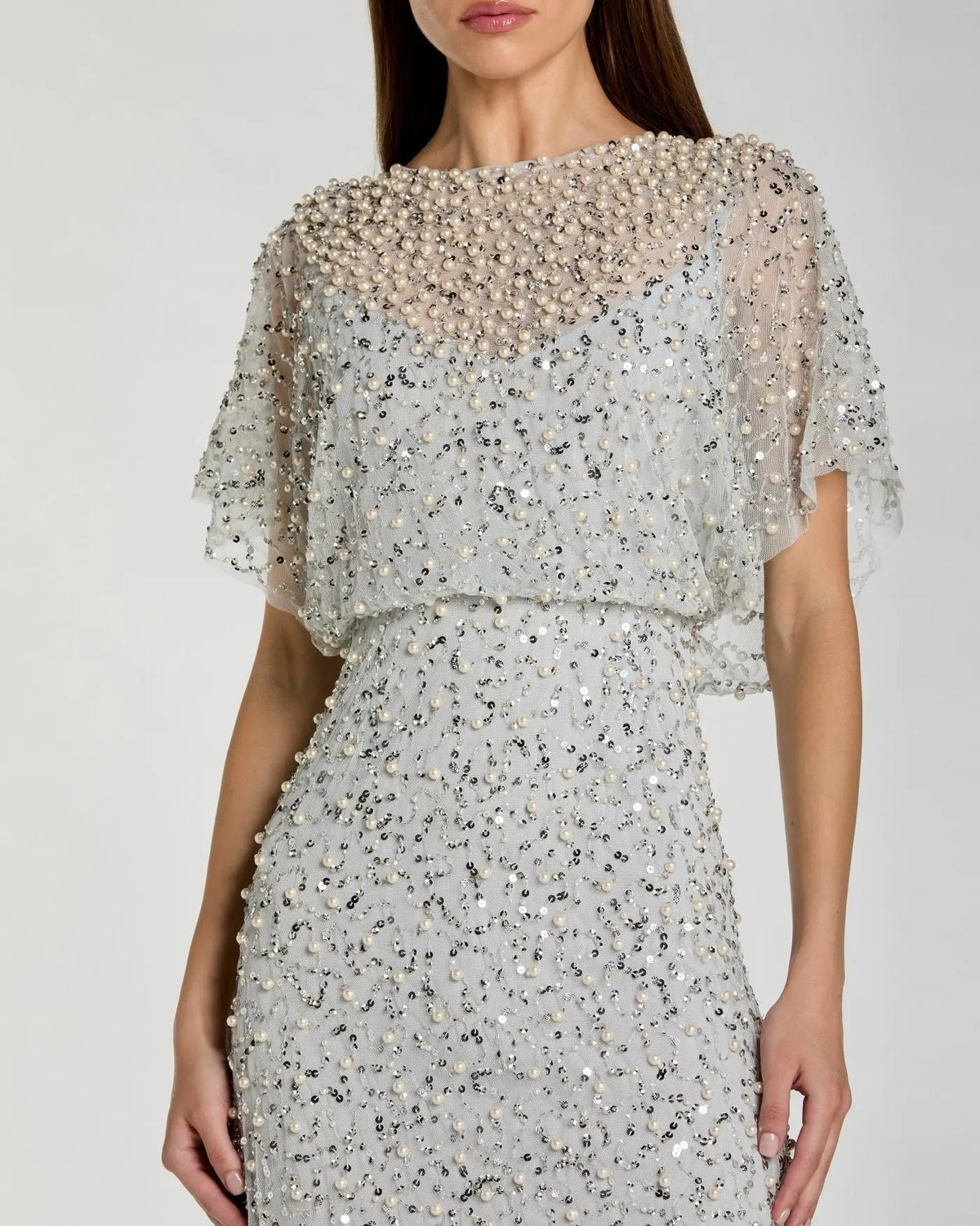 Powder Blue High Neck Short Sleeve Embellished Gown