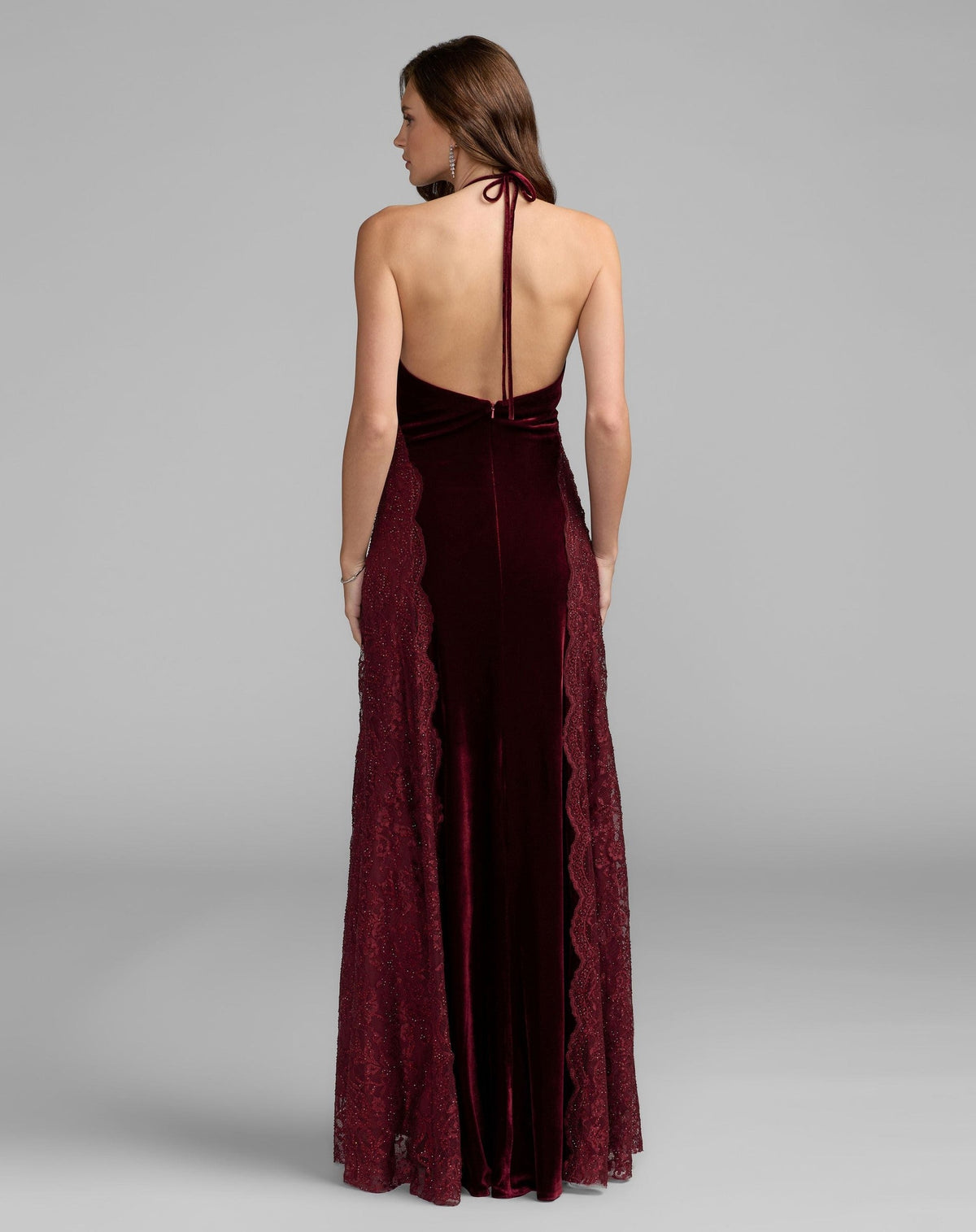 Burgundy Velvet and Lace Halter Column Gown