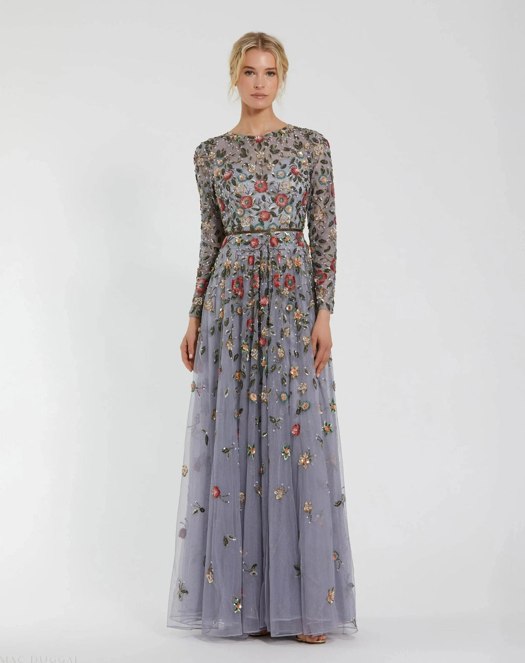 Grey Multi Embellished High Neck Long Sleeve A Line Gown
