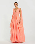 Coral Sleeveless V-Neck Draped Chiffon Gown