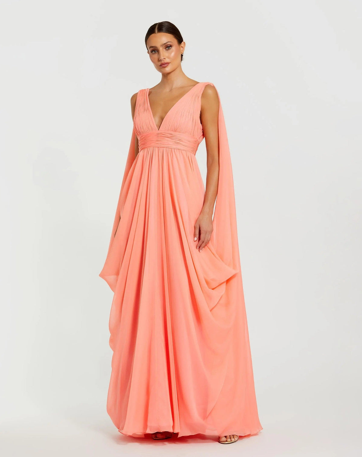Coral Sleeveless V-Neck Draped Chiffon Gown