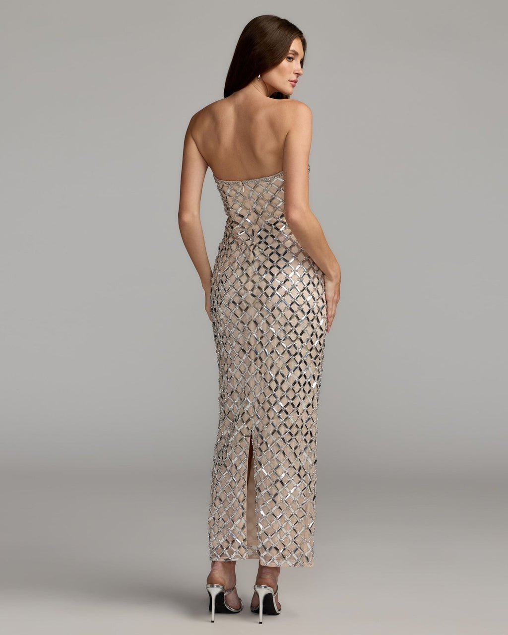 Nude Silver Metallic Embellished Strapless Maxi Dress