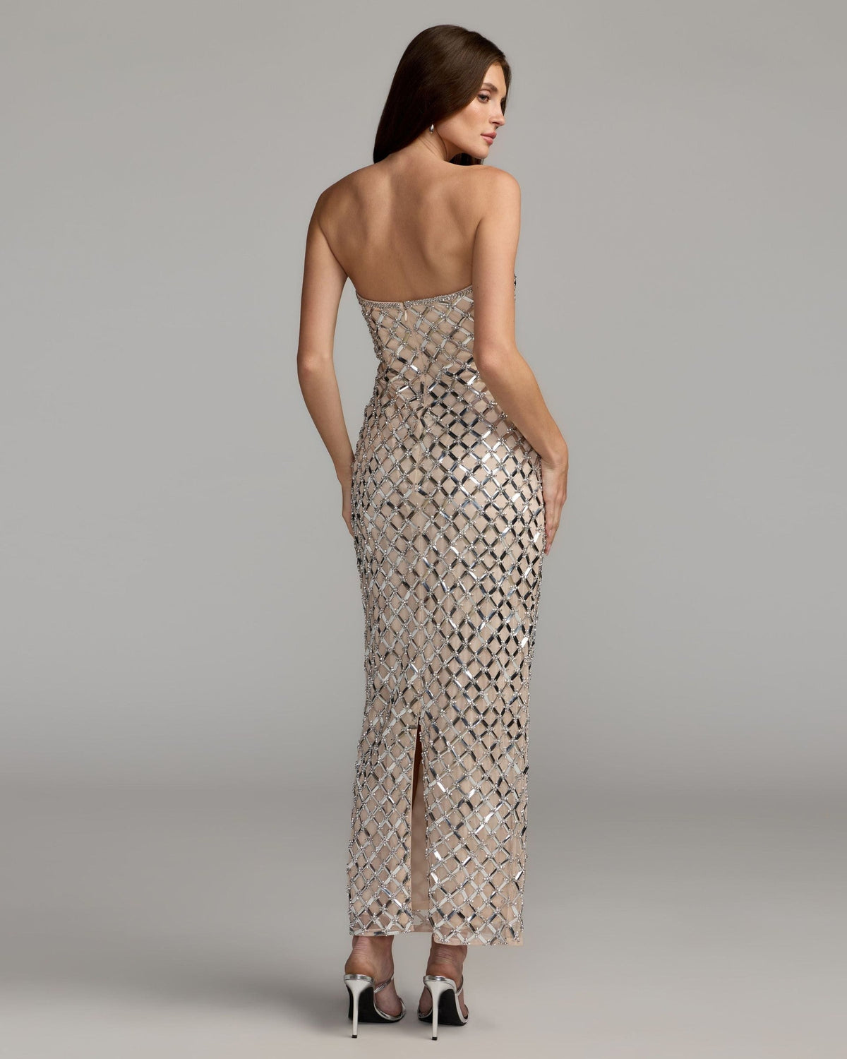 Nude Silver Metallic Embellished Strapless Maxi Dress