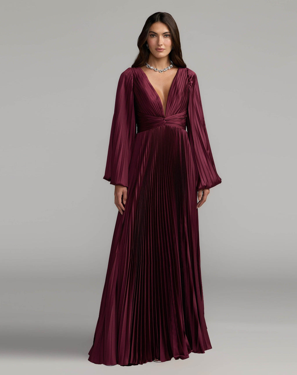 Wine Pleated Satin Long Sleeve Gown