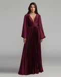 Wine Pleated Satin Long Sleeve Gown