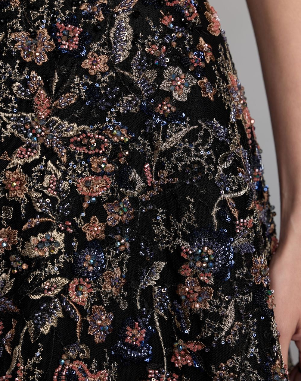 Black Multi Strapless Floral Embroidered A-Line Gown