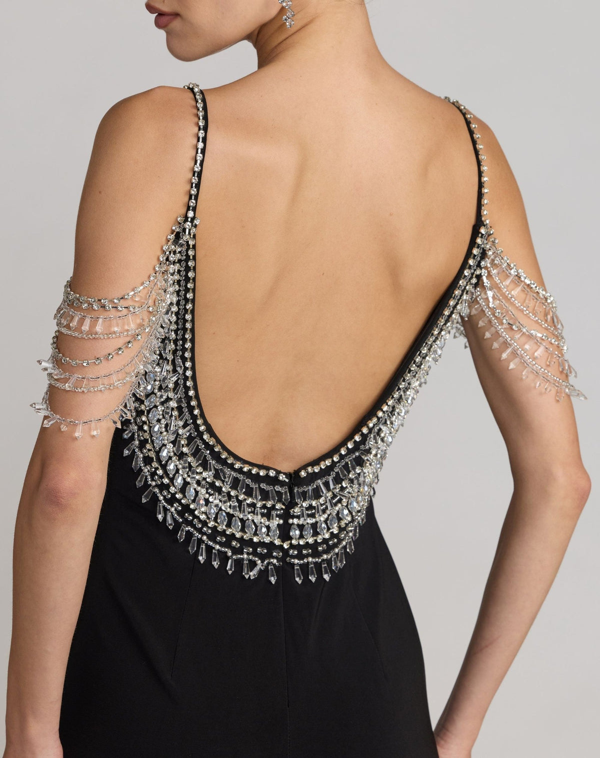 Black Beaded Jersey Scoop Back Gown with Slit