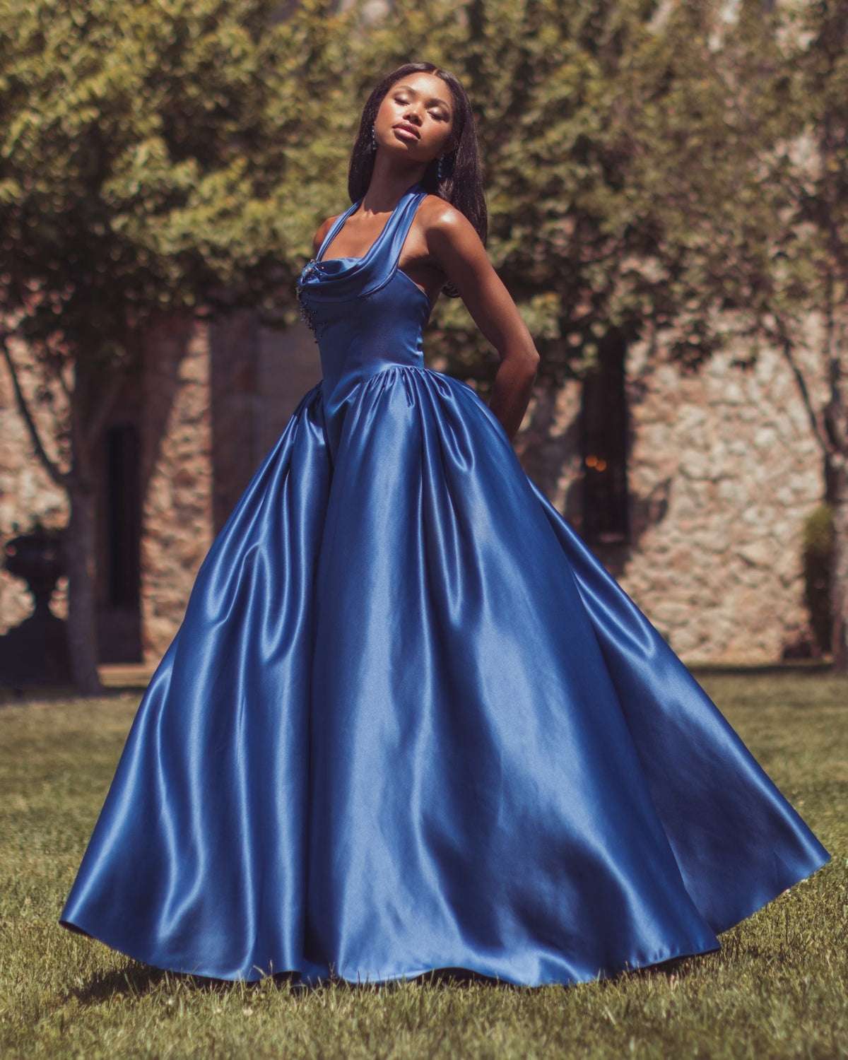 Sapphire Sleeveless Open Back Satin Ball Gown