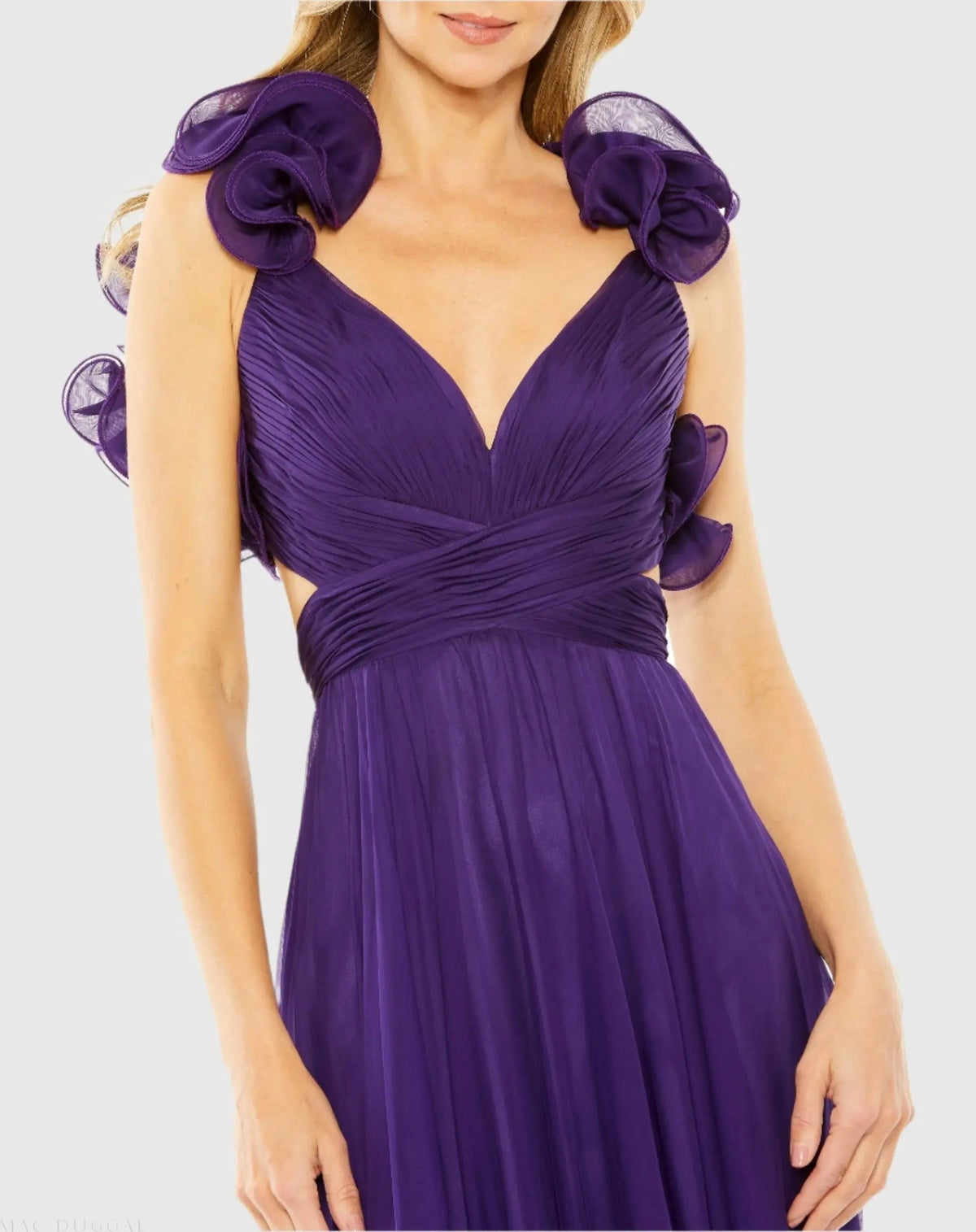 Purple Ruffle Tiered Cut-Out Chiffon Gown