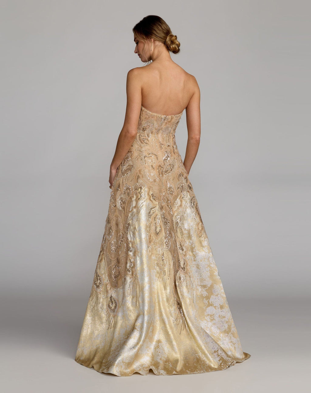 Champagne Strapless Embellished Brocade A-Line Gown