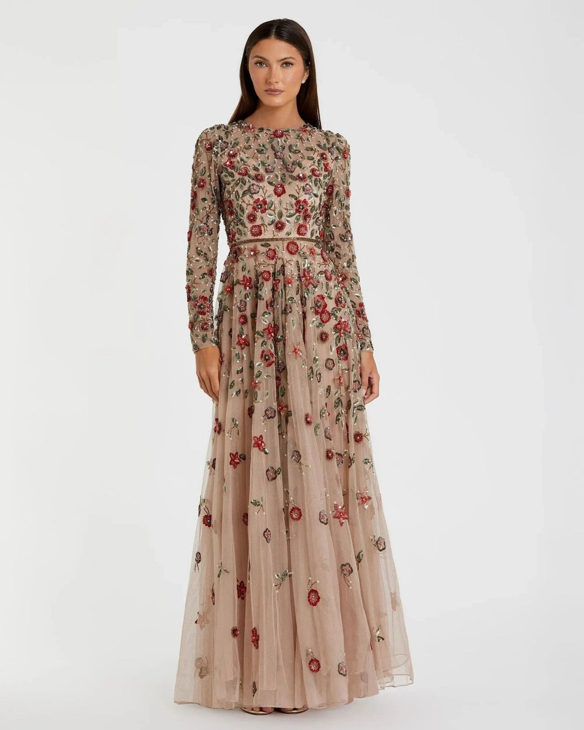 Antique Rose Embellished High Neck Long Sleeve A Line Gown