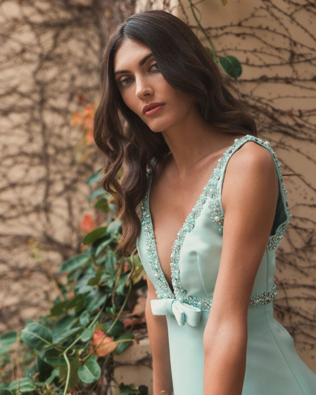 Mint Embellished A-Line Mini Dress With Bow