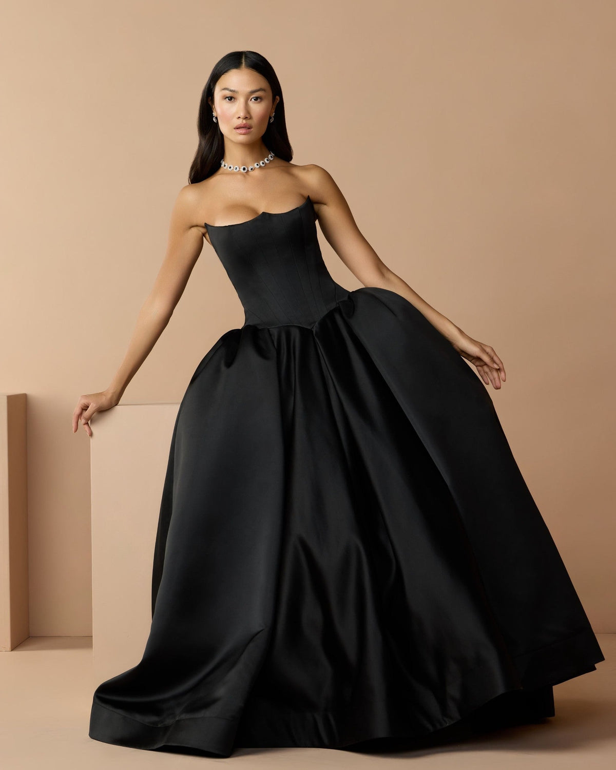 Black Strapless Satin Corset Ball Gown
