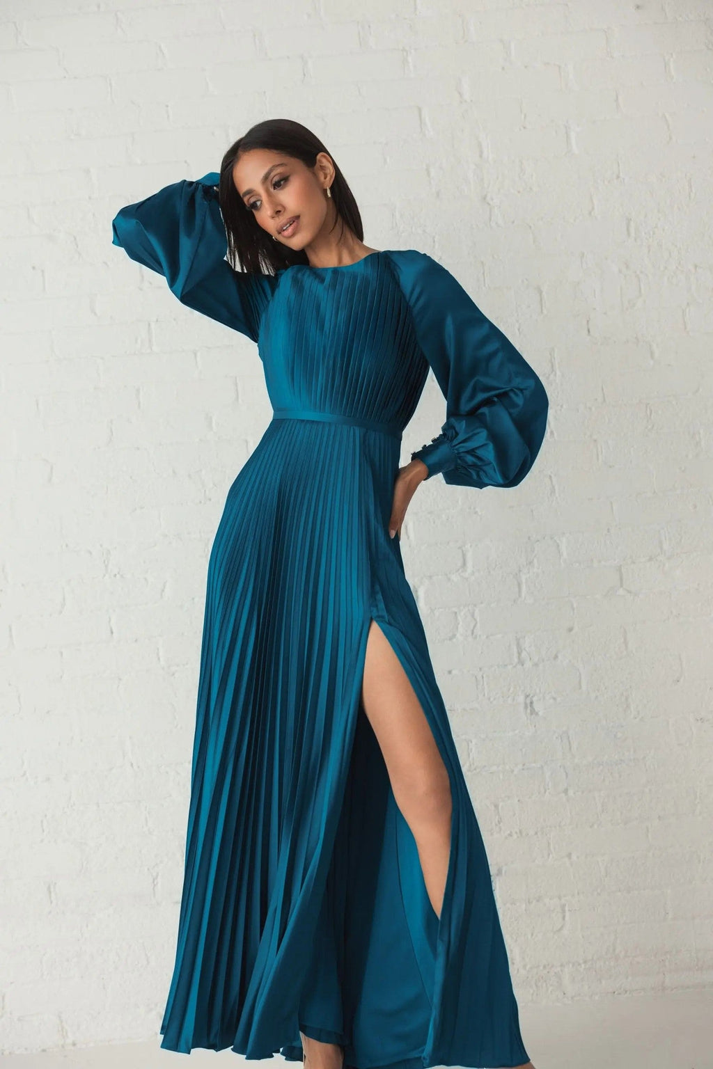 Peacock Pleated High Neck Long Sleeve Gown With Slit