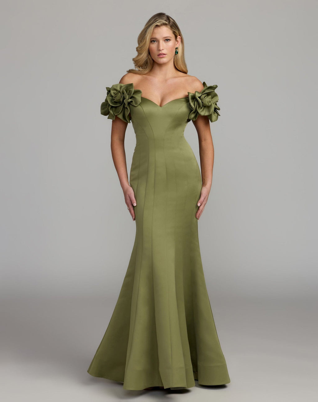 Pear Off The Shoulder Gown With 3D Floral Sleeves