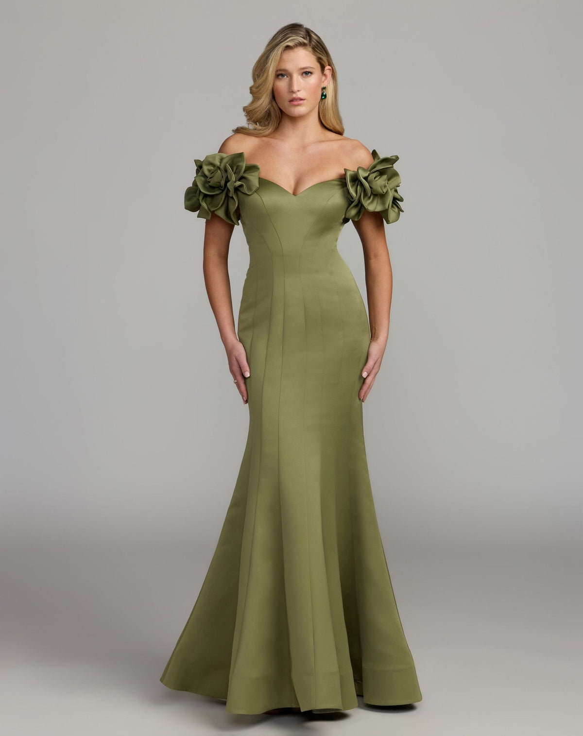 Pear Off The Shoulder Gown With 3D Floral Sleeves