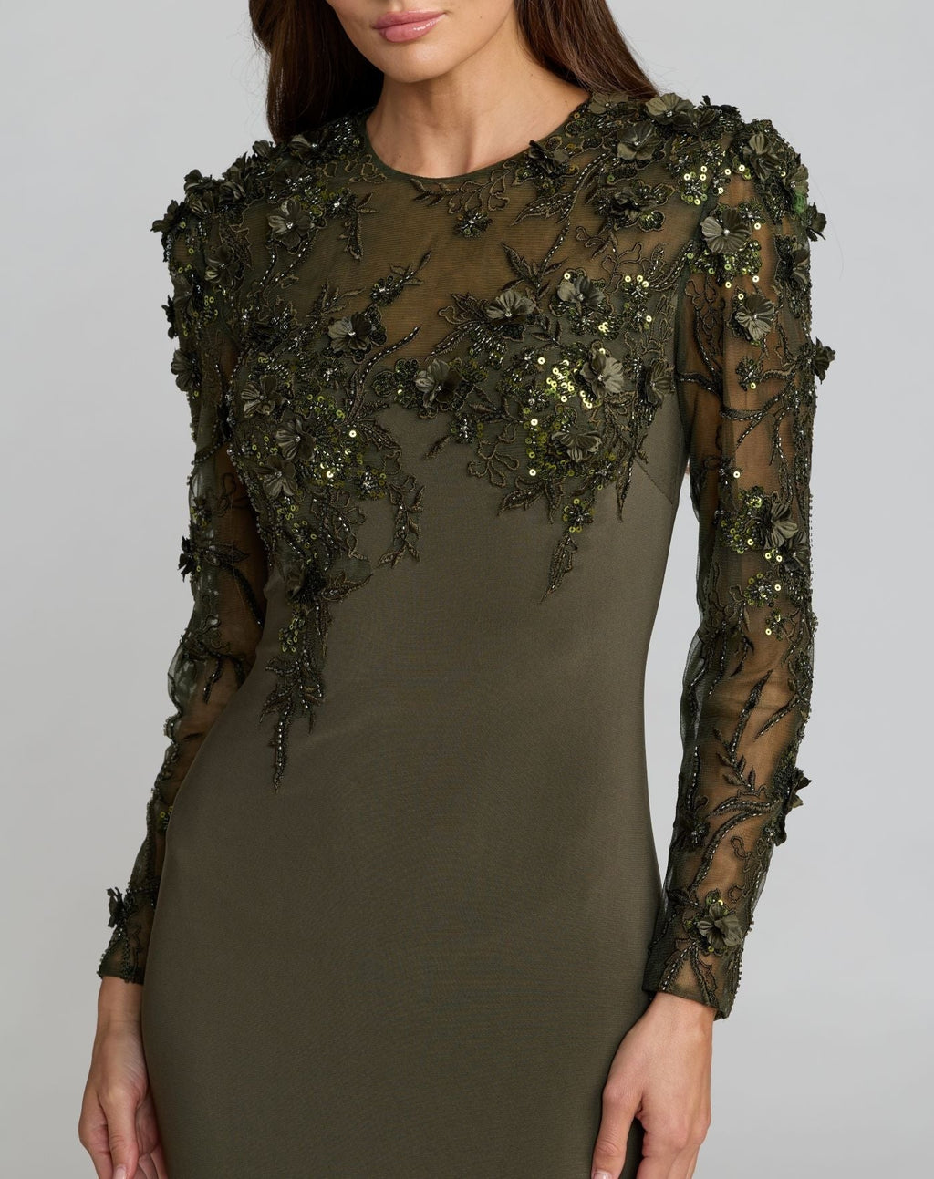 Olive Green Long Sleeve Floral Embellished Column Gown