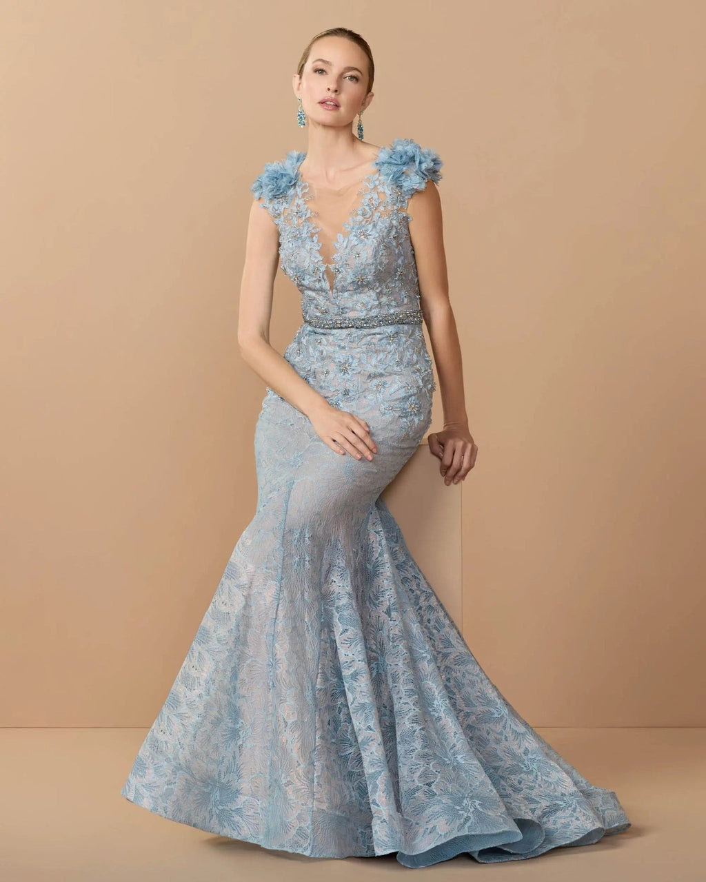 Powder Blue Embellished Lace Illusion Neck Gown With 3D Flowers