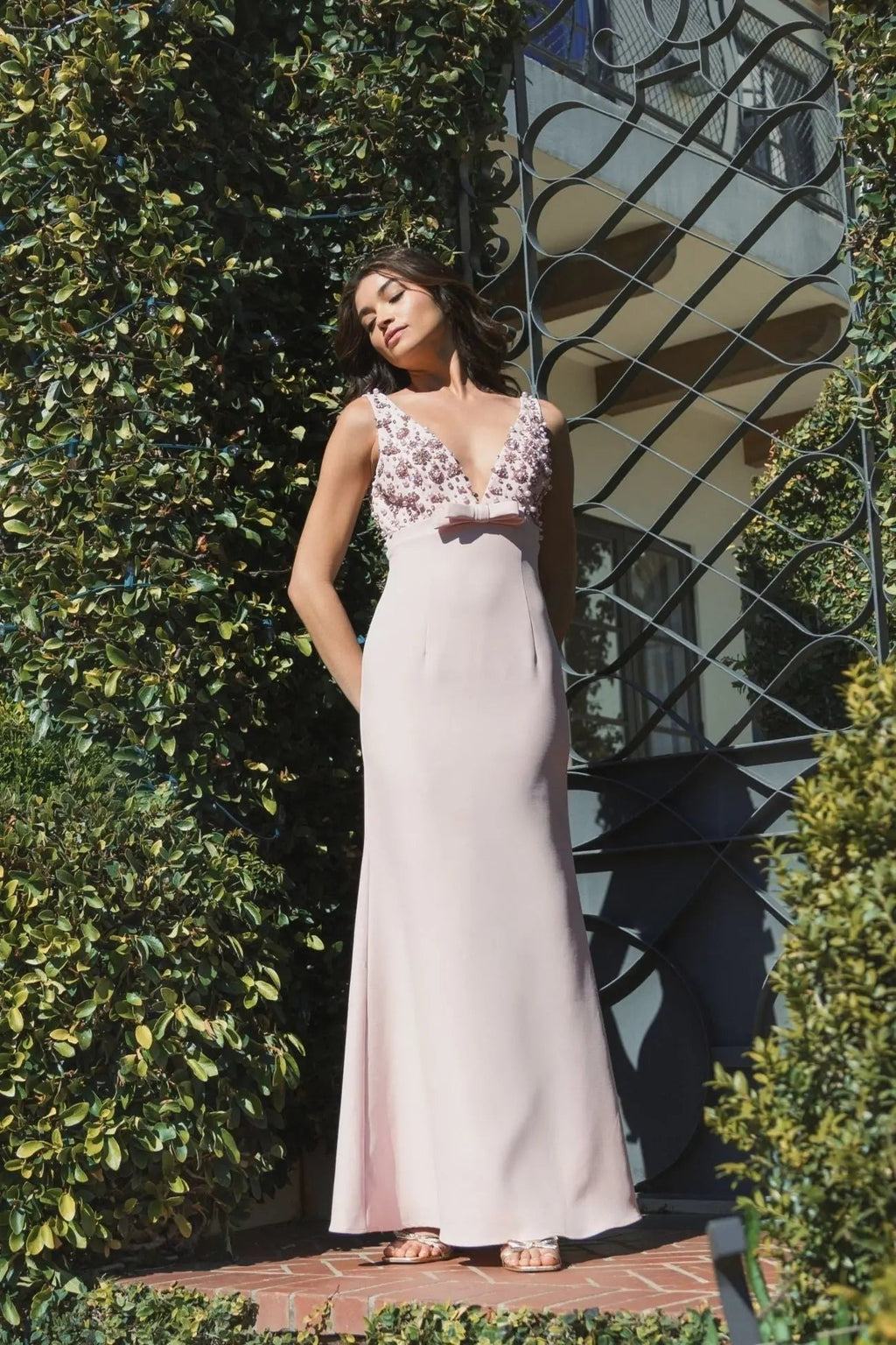 Blush Embellished Deep V-Neck Crepe Gown With Bow