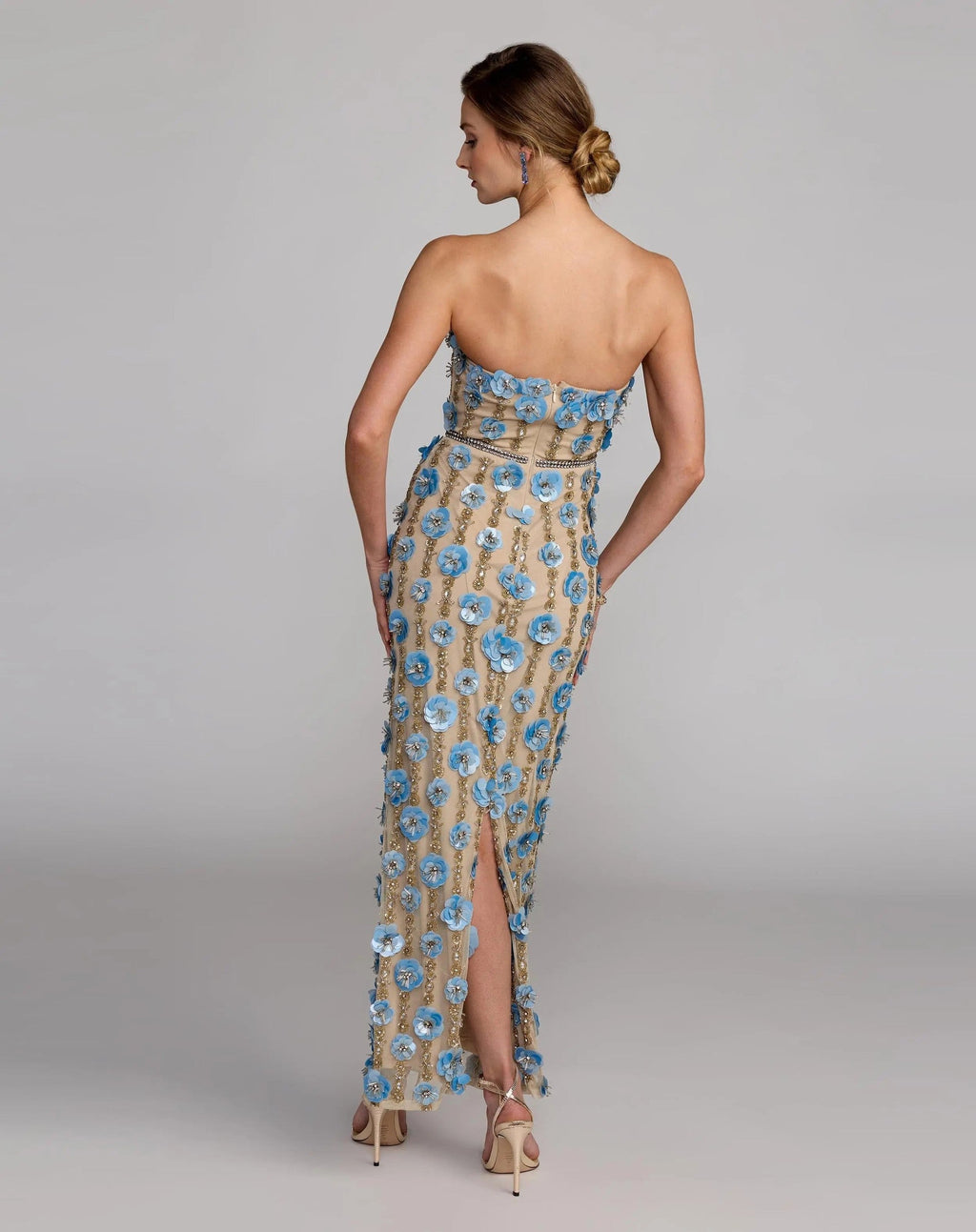 Nude Blue Strapless 3D Floral Embellished Dress