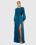 Peacock Pleated High Neck Long Sleeve Gown With Slit