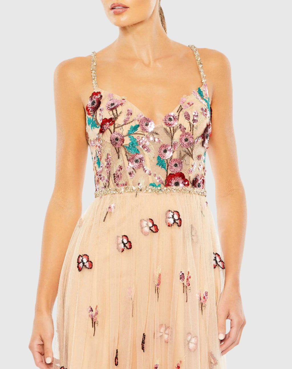 Nude Multi Embellished Floral Detail A Line Gown