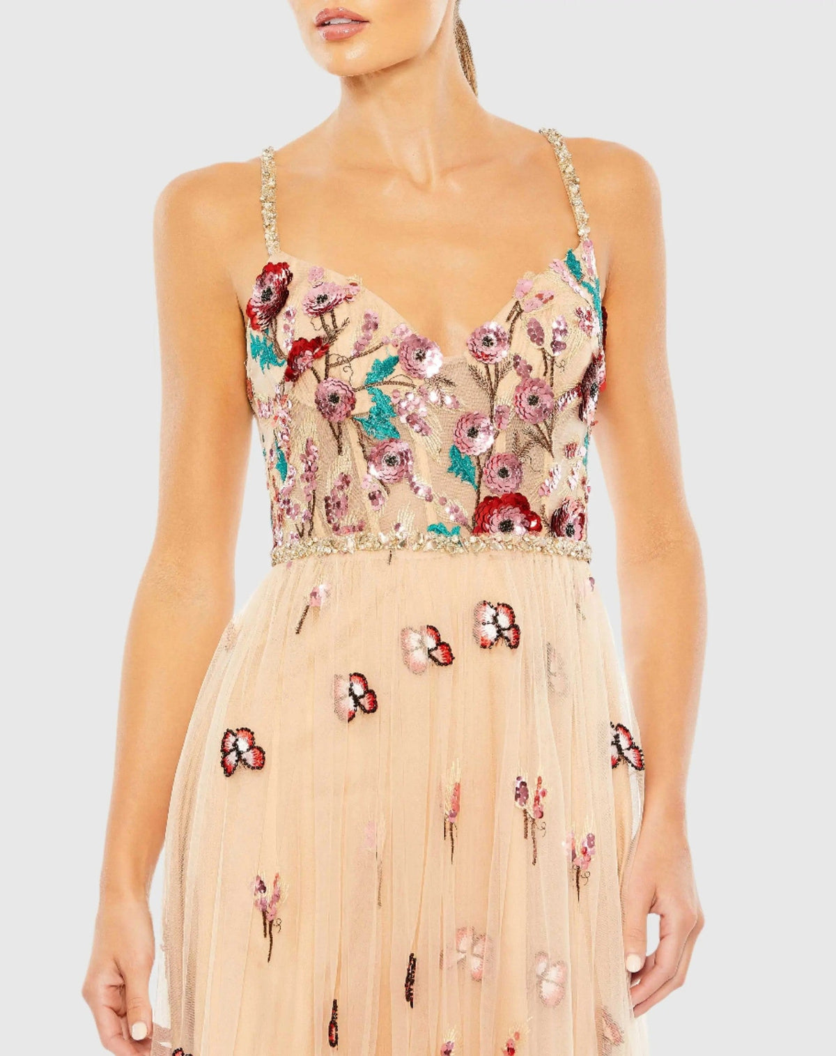 Nude Multi Embellished Floral Detail A Line Gown