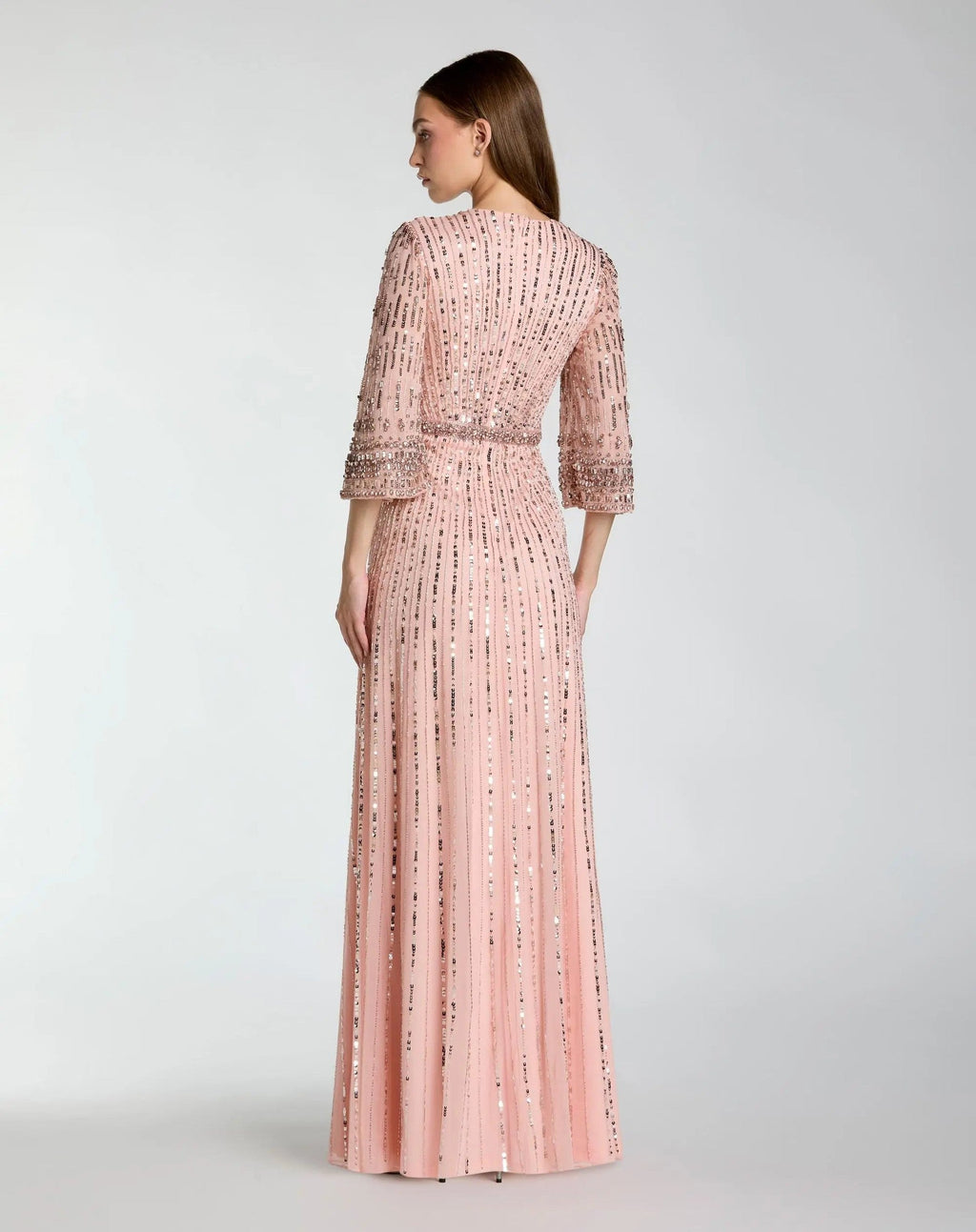 Rose High Neck Embellished Gown With 3/4 Sleeves