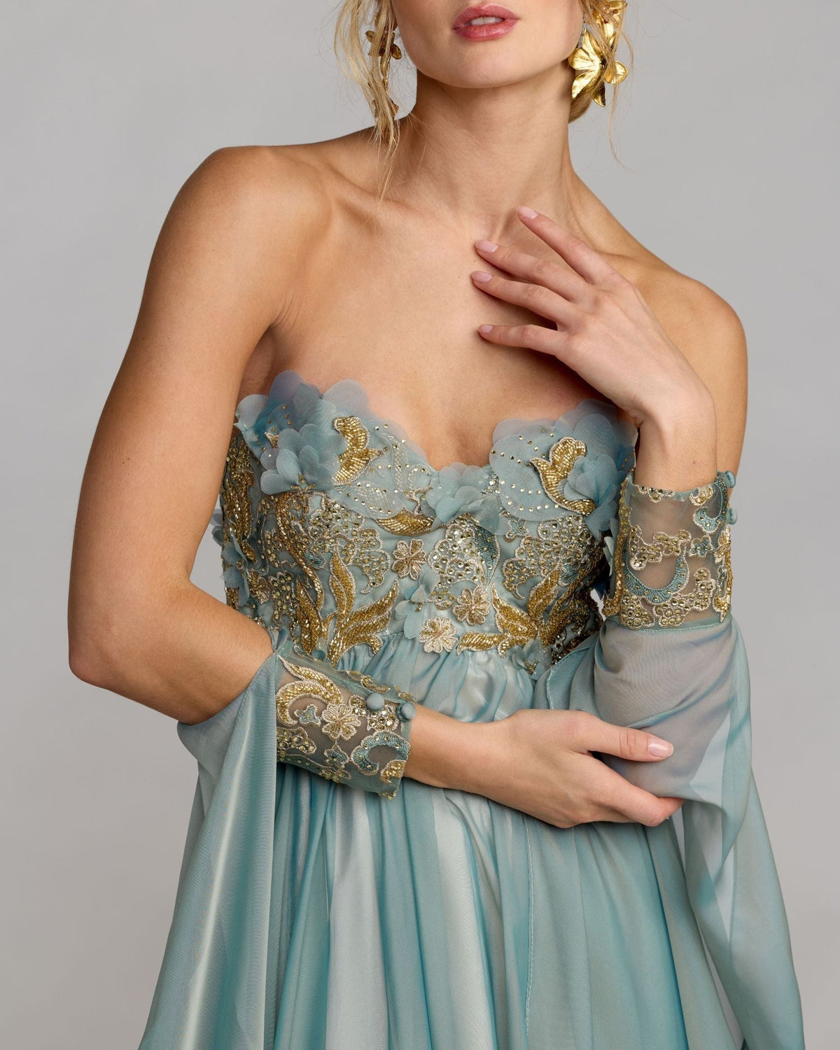 Seafoam Strapless Embellished Chiffon Cape Gown
