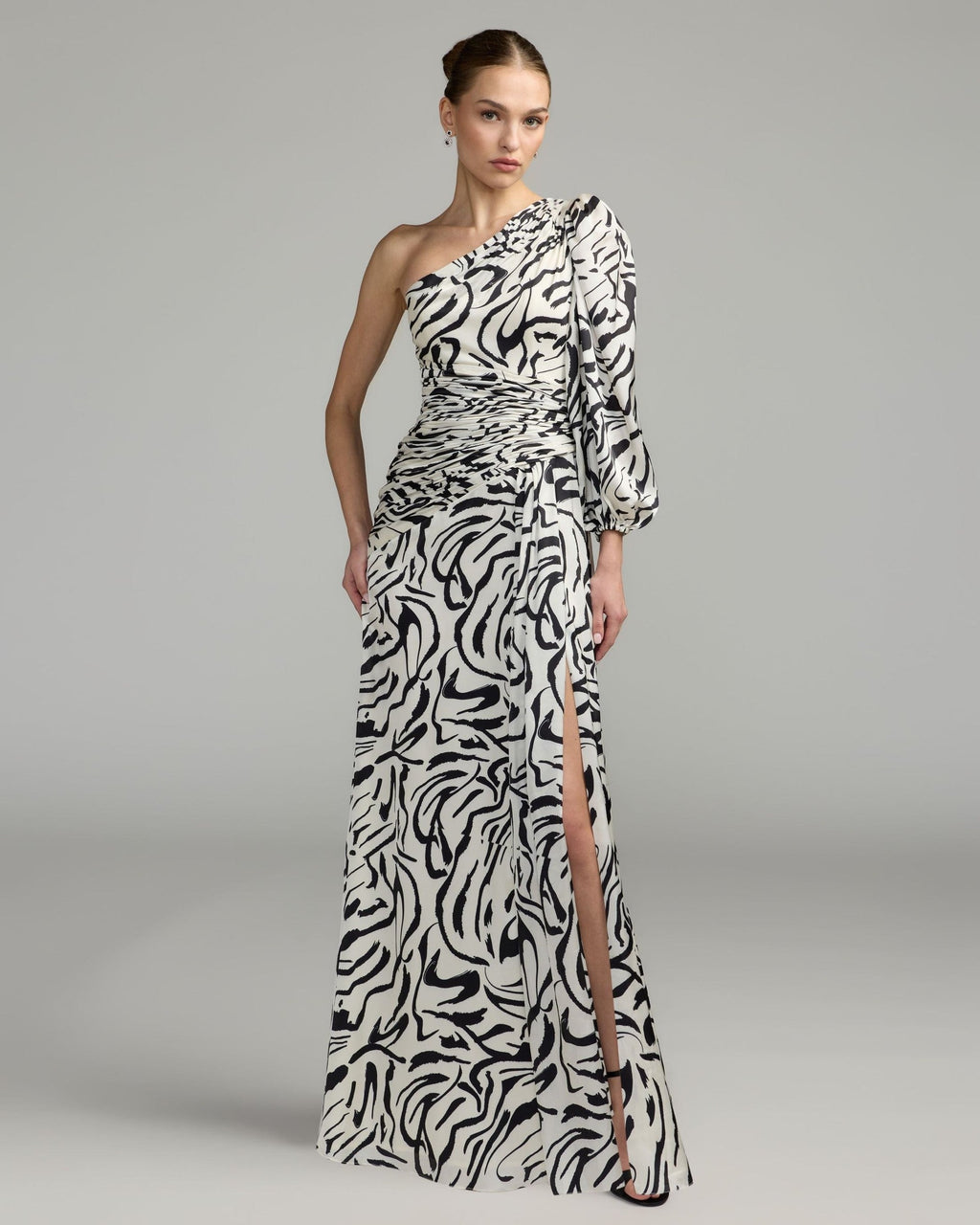 Ivory Multi Abstract Print One Shoulder Gown With Slit