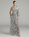 Ivory Multi Abstract Print One Shoulder Gown With Slit