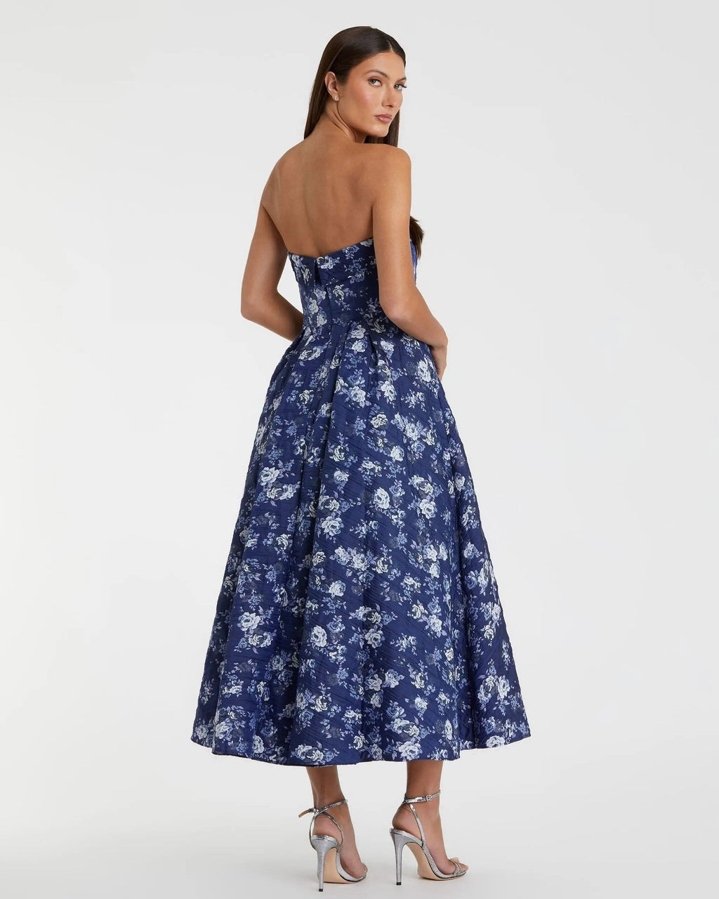 Blue Strapless Floral Brocade Midi Dress
