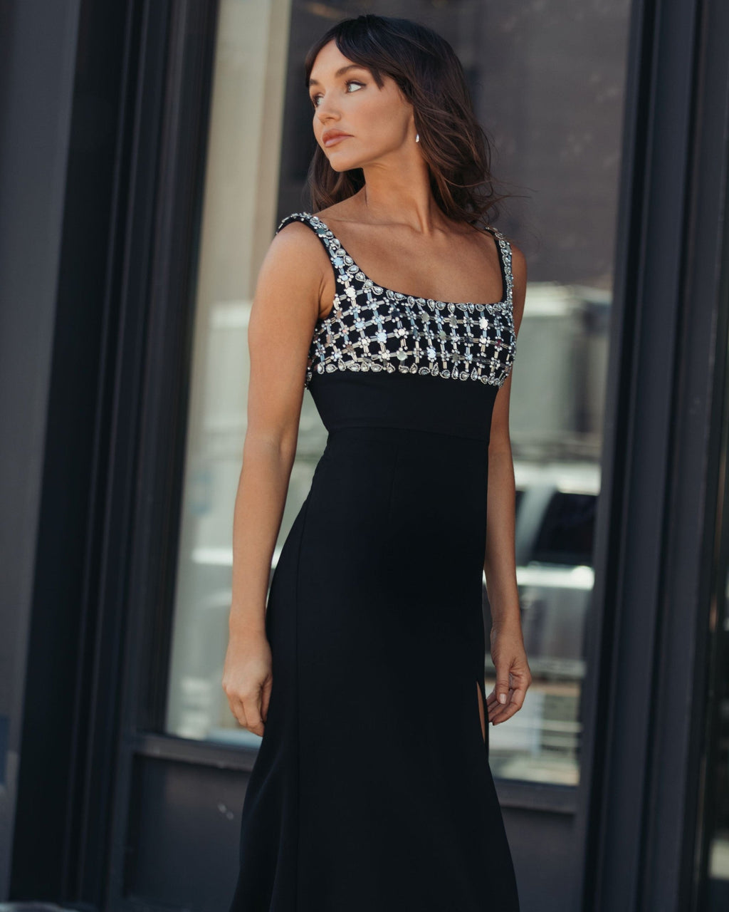 Black Sleeveless Crepe Gown With Embellished Bodice