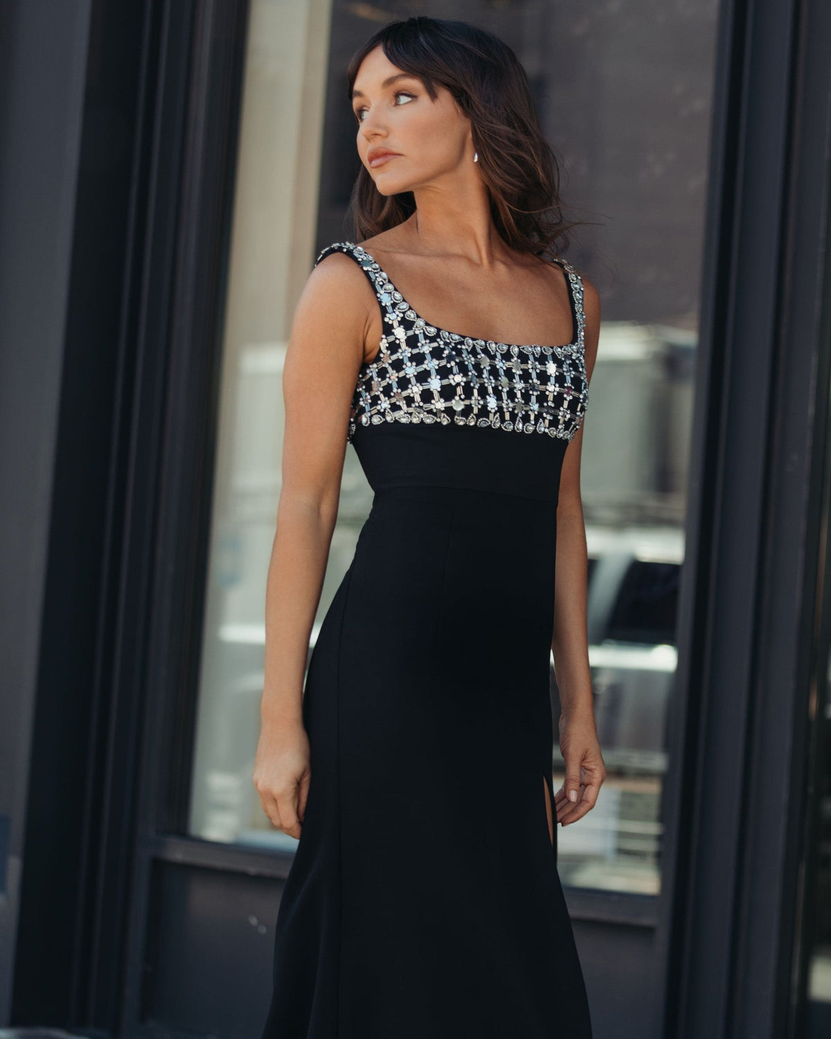 Black Sleeveless Crepe Gown With Embellished Bodice