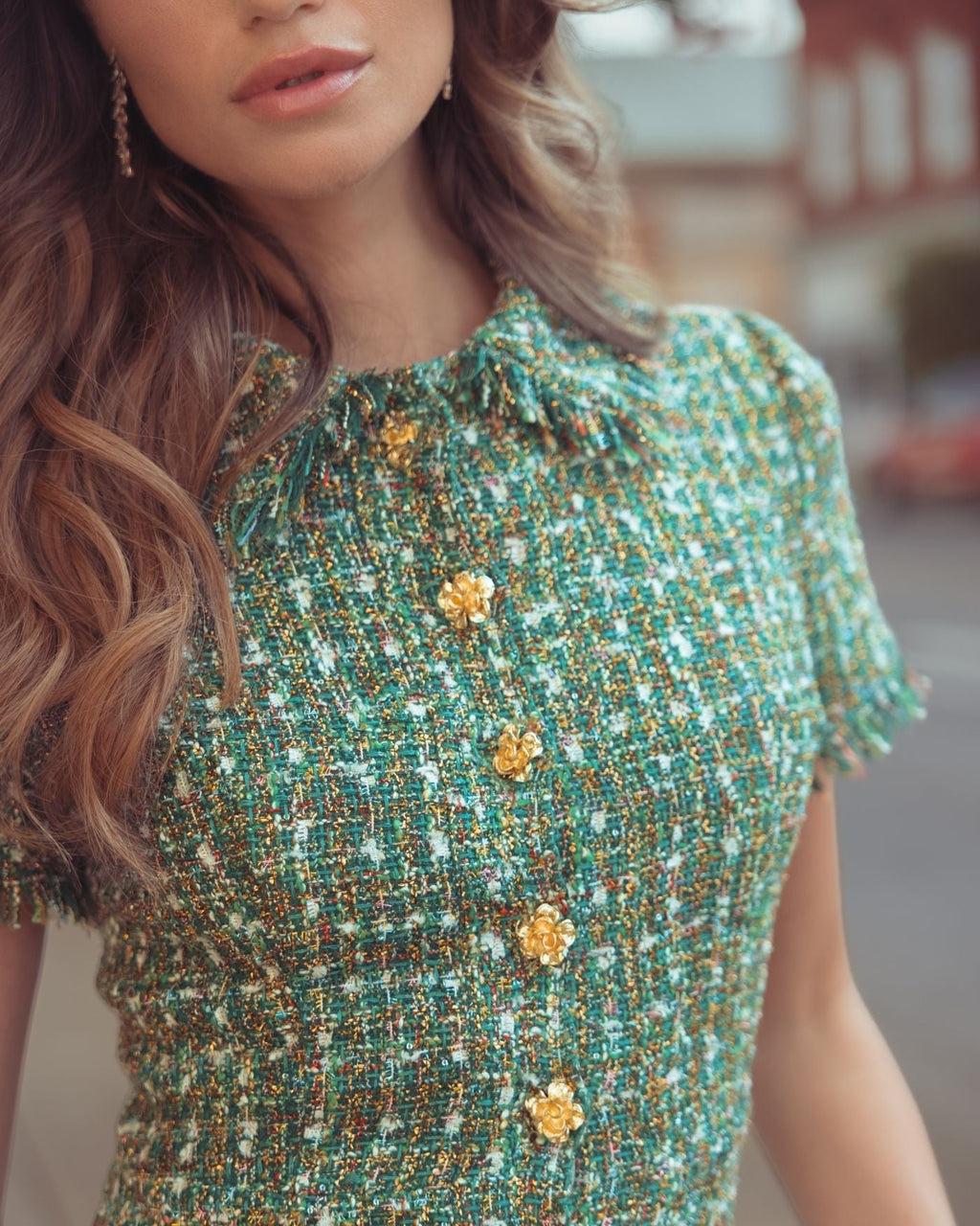 Emerald Multi Boucle Short Sleeve Button Up Midi Dress