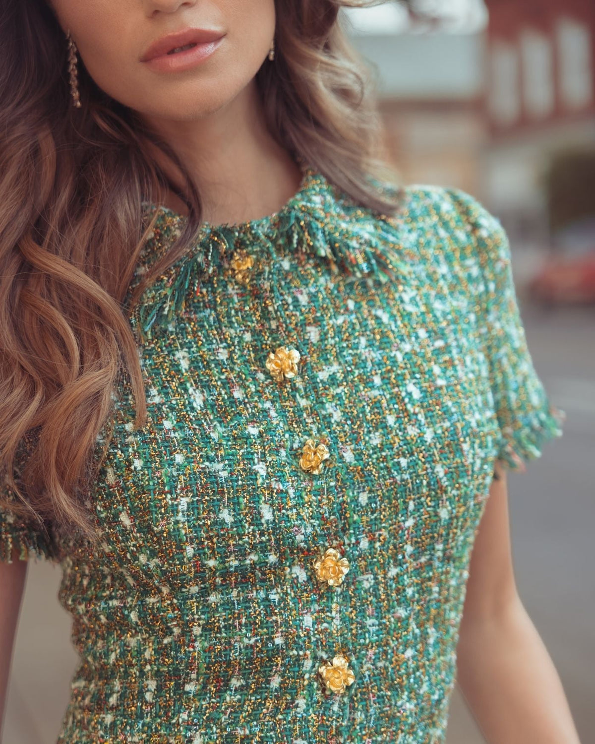 Emerald Multi Boucle Short Sleeve Button Up Midi Dress