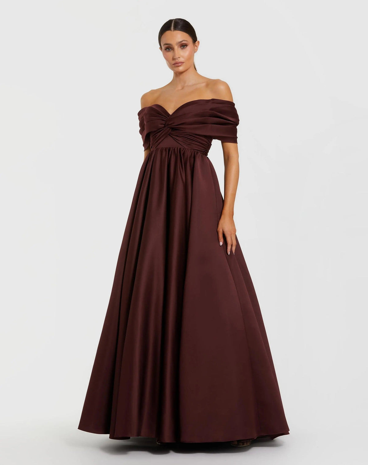 Wine Off The Shoulder Satin A-Line Gown