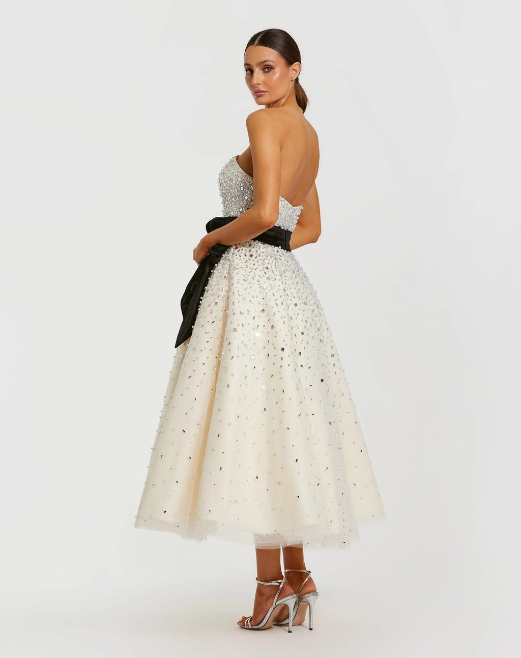 Black Cream Strapless Midi Dress with Velvet Bow