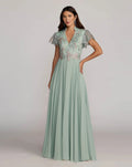 Green Embroidered Flutter Sleeve V Neck Gown