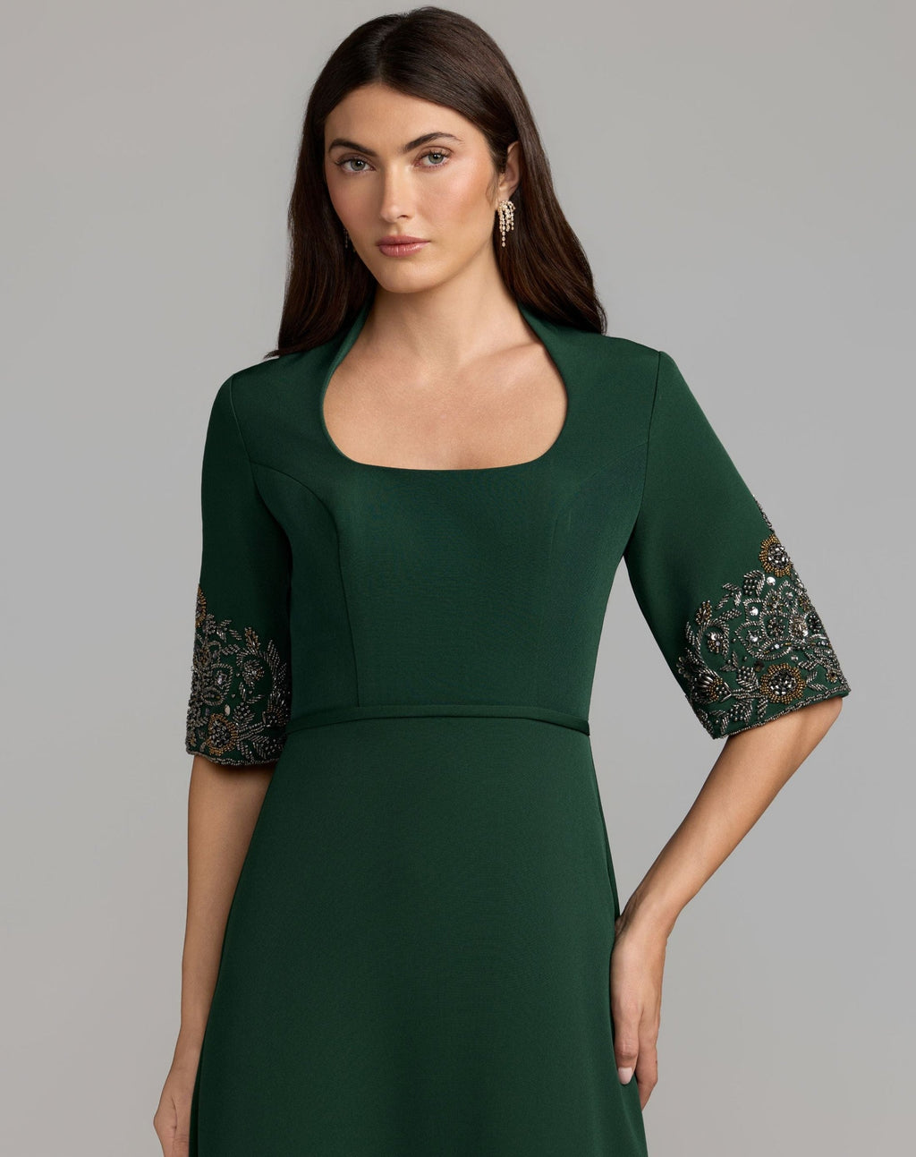 Deep Green Scoop Neck Beaded Sleeve Crepe Gown
