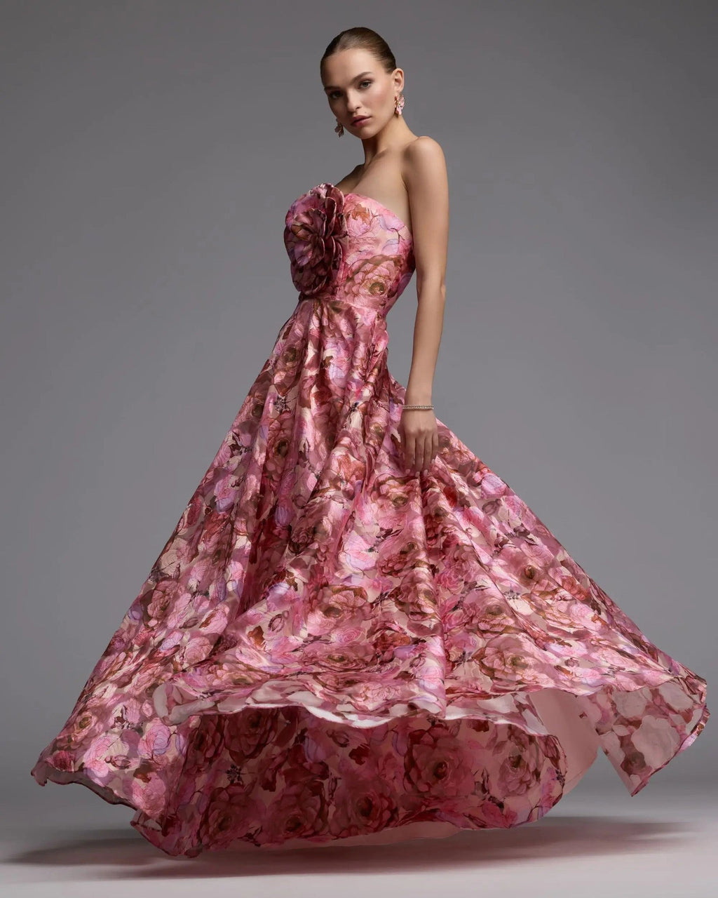 Rose Multi Strapless Floral Printed A-Line Gown With 3D Flower