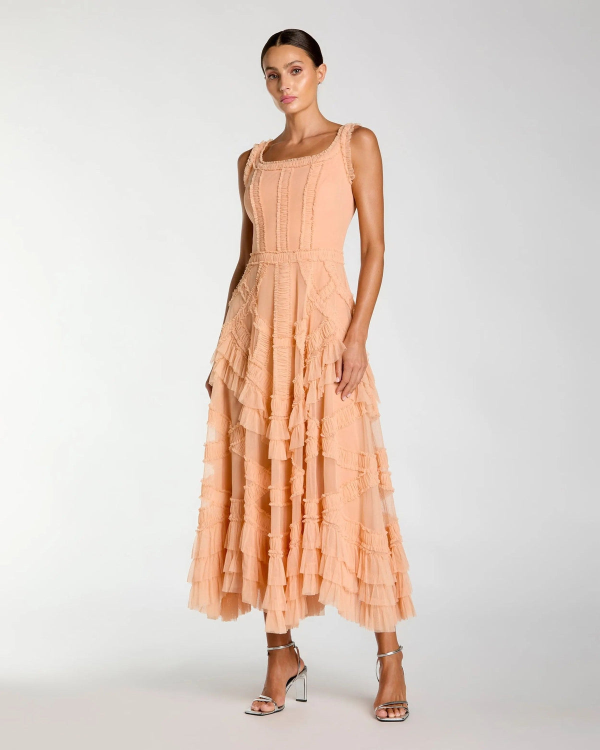 Peach Scoop Neck Sleeveless Micro Ruffle Midi Dress