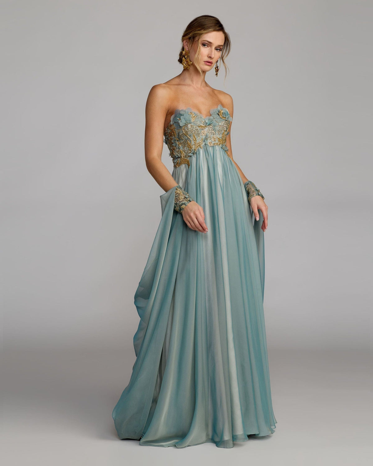 Seafoam Strapless Embellished Chiffon Cape Gown