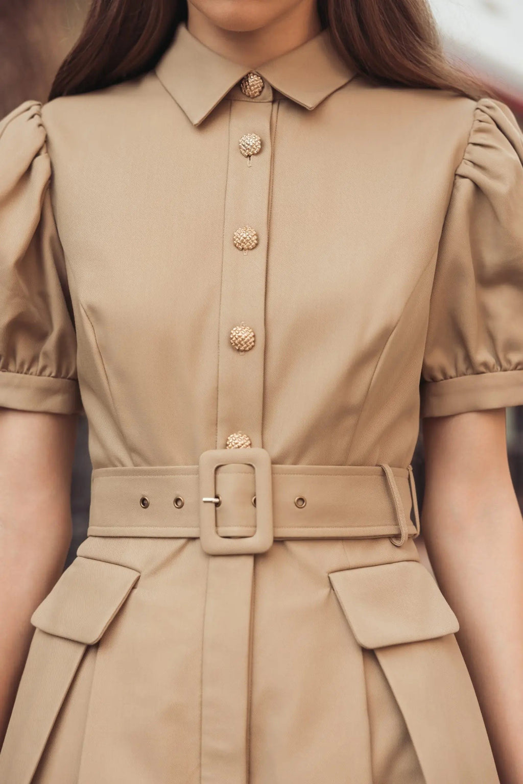 Taupe Puff Sleeve Belted Midi Shirt Dress