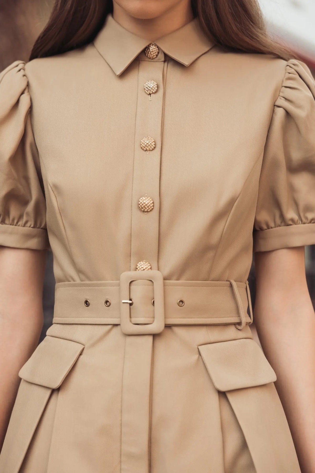 Taupe Puff Sleeve Belted Midi Shirt Dress
