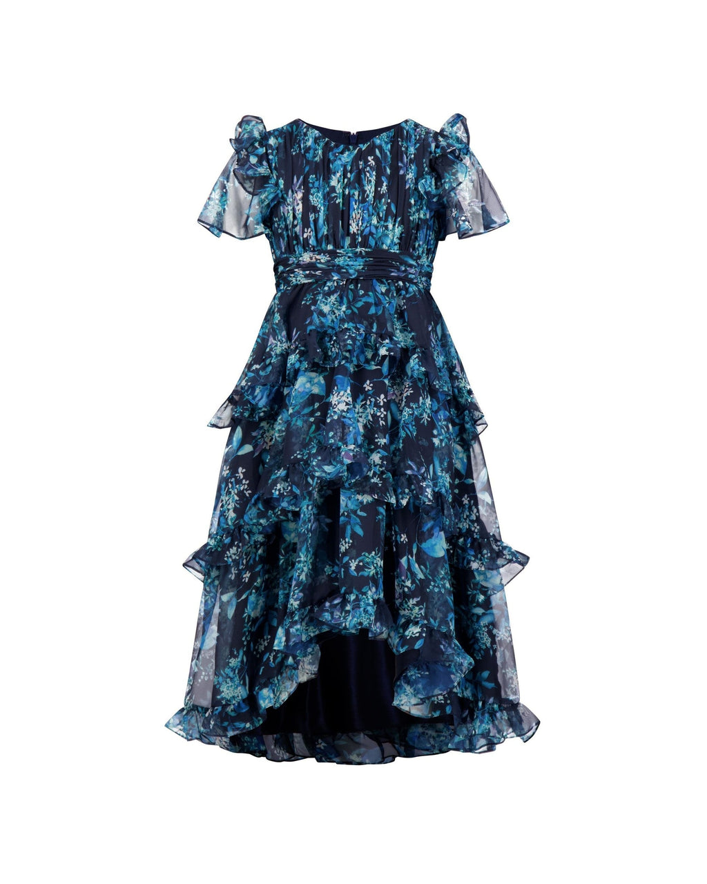 Girls Midnight Multi Floral Chiffon Tiered Ruffle Dress